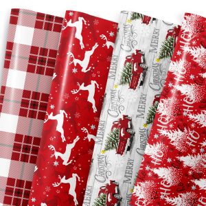 MotiGiftie Christmas Wrapping Paper- Folded 8 Sheets, 28 * 20 Inches- Woodland Winter Wonderland, Plaid, Reindeer, Red Truck with Xmas Trees Designs, Gift Wrap Paper Perfect for Kids Adults