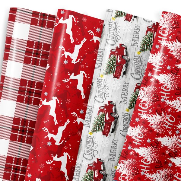MotiGiftie Christmas Wrapping Paper- Folded 8 Sheets, 28 * 20 Inches- Woodland Winter Wonderland, Plaid, Reindeer, Red Truck with Xmas Trees Designs, Gift Wrap Paper Perfect for Kids Adults