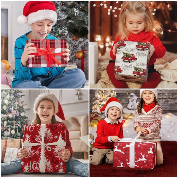 MotiGiftie Christmas Wrapping Paper- Folded 8 Sheets, 28 * 20 Inches- Woodland Winter Wonderland, Plaid, Reindeer, Red Truck with Xmas Trees Designs, Gift Wrap Paper Perfect for Kids Adults - 图片 4